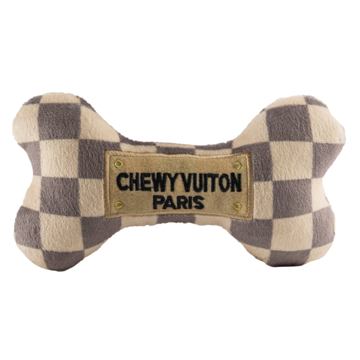Checker Chewy Vuiton Bones Squeaker Dog Toy