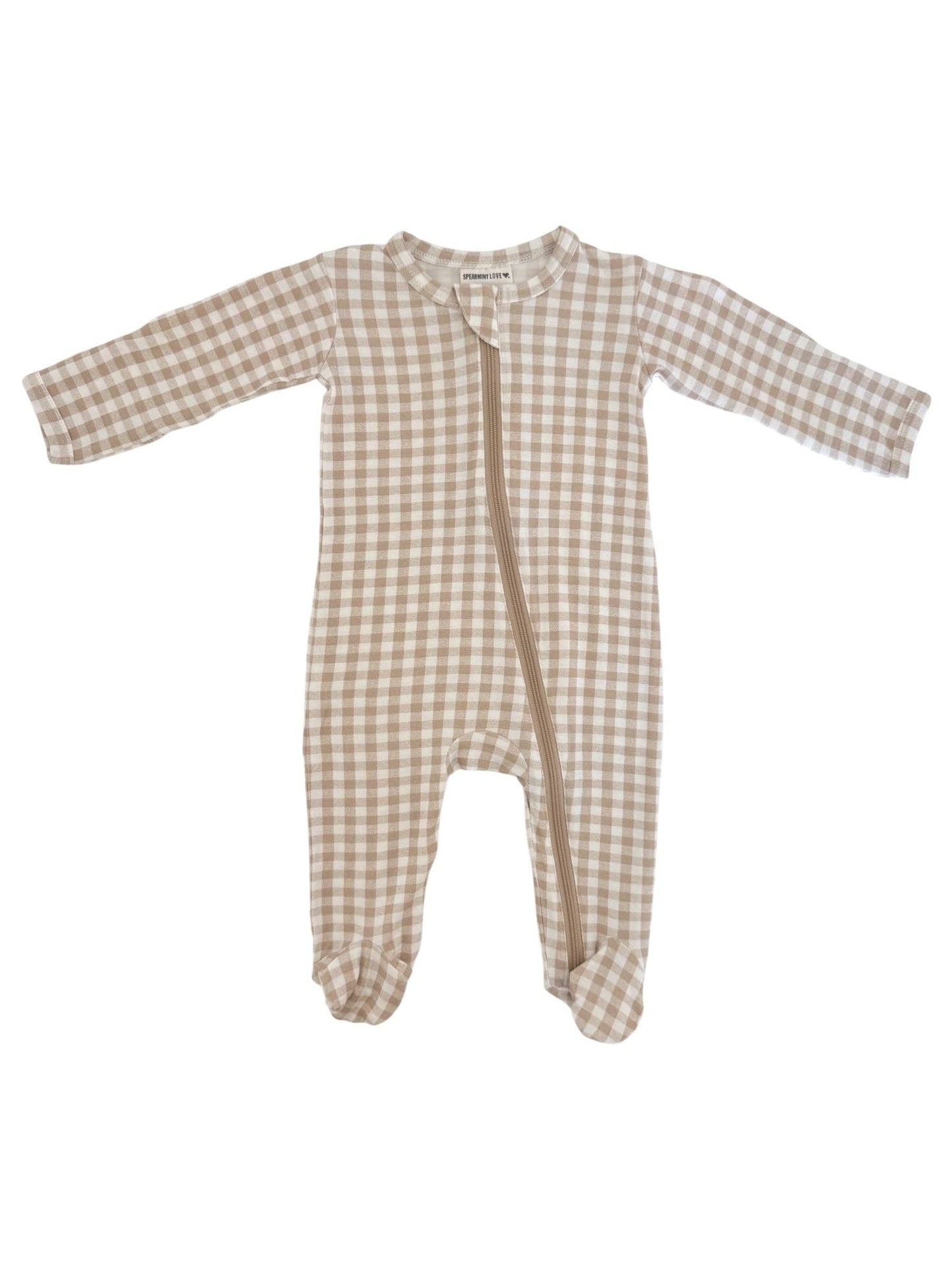2-Way Zip Footie, Tan Gingham