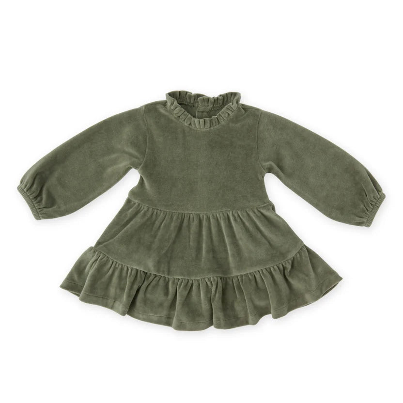 Velour Tiered Long Sleeve Dress-Pine