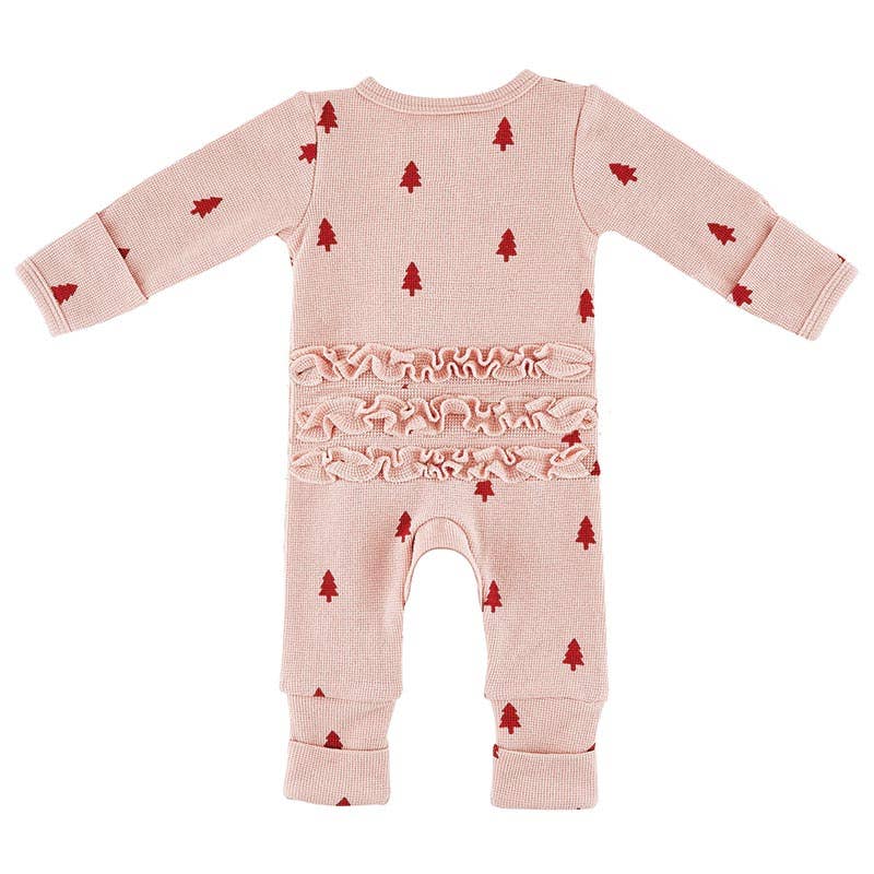 Waffle Knit Cozy Romper with Ruffles - Trees