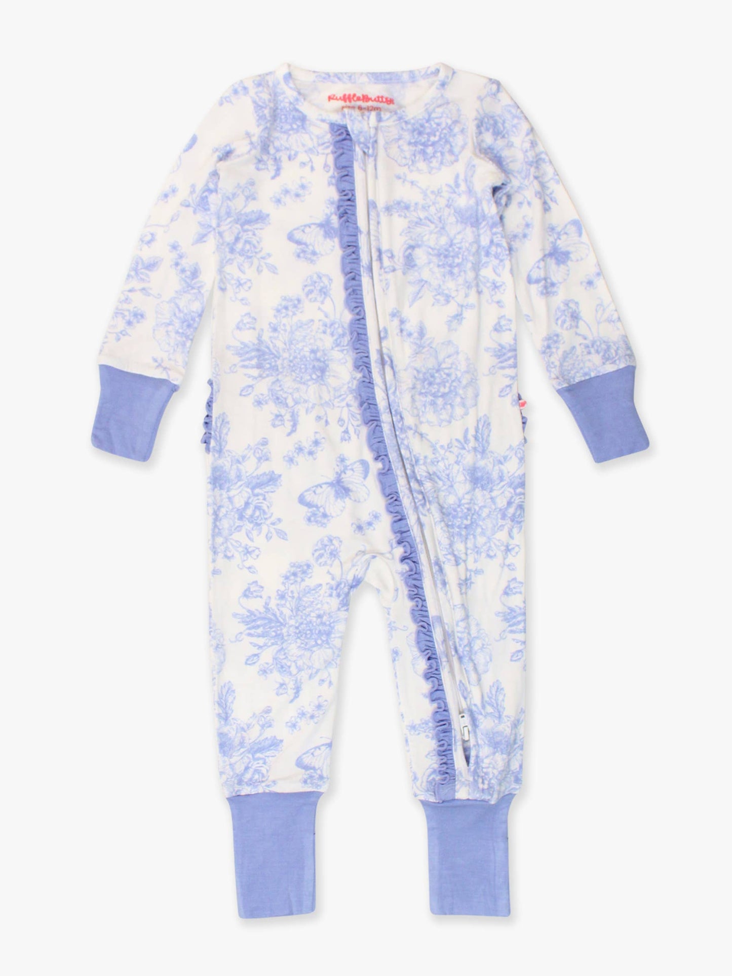 SoftSnooze™ Baby Girls Bamboo Viscose Periwinkle Butterfly Garden Convertible Ruffle One Piece Footie Pajama