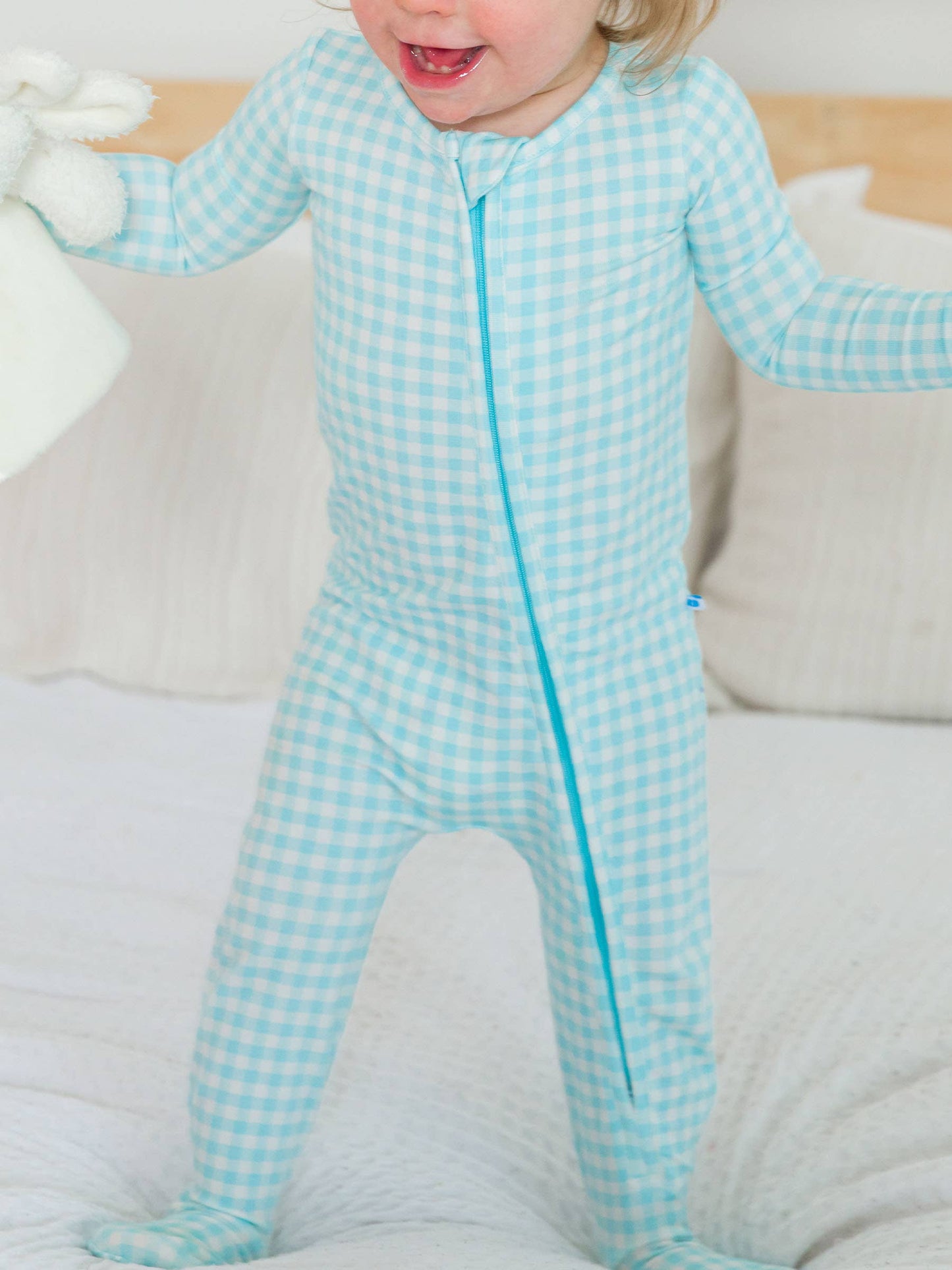 SoftSnooze™ Baby Cotton Modal Blue Breeze Gingham Footed One Piece Pajama