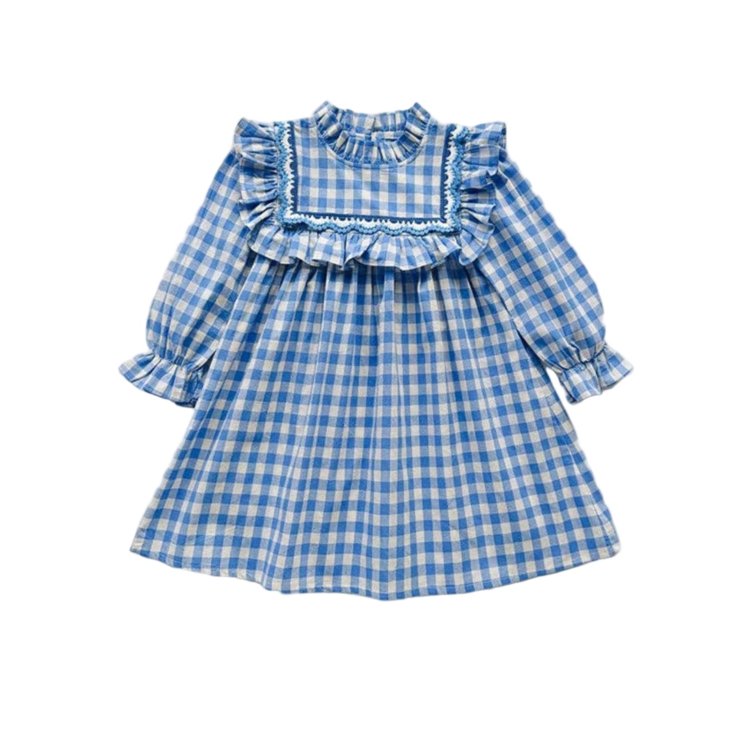 Girls Plaid Pattern Long Sleeves Ruffle Neck Dress