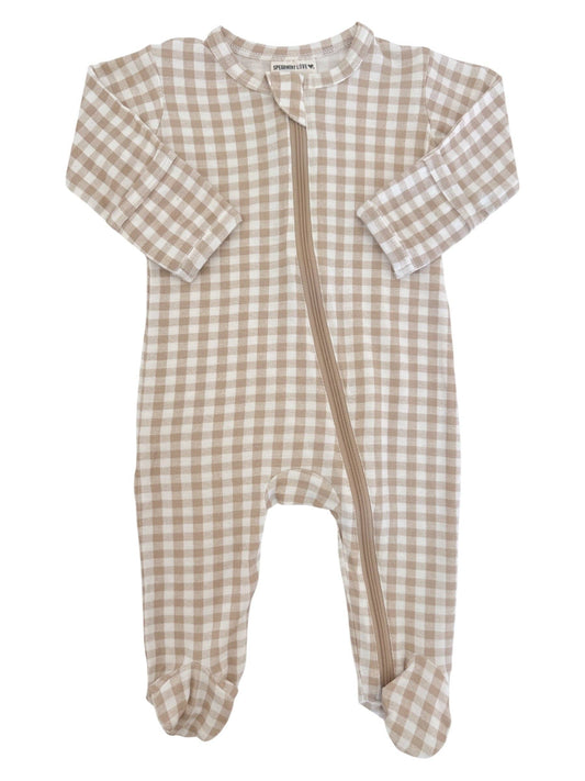 2-Way Zip Footie, Tan Gingham