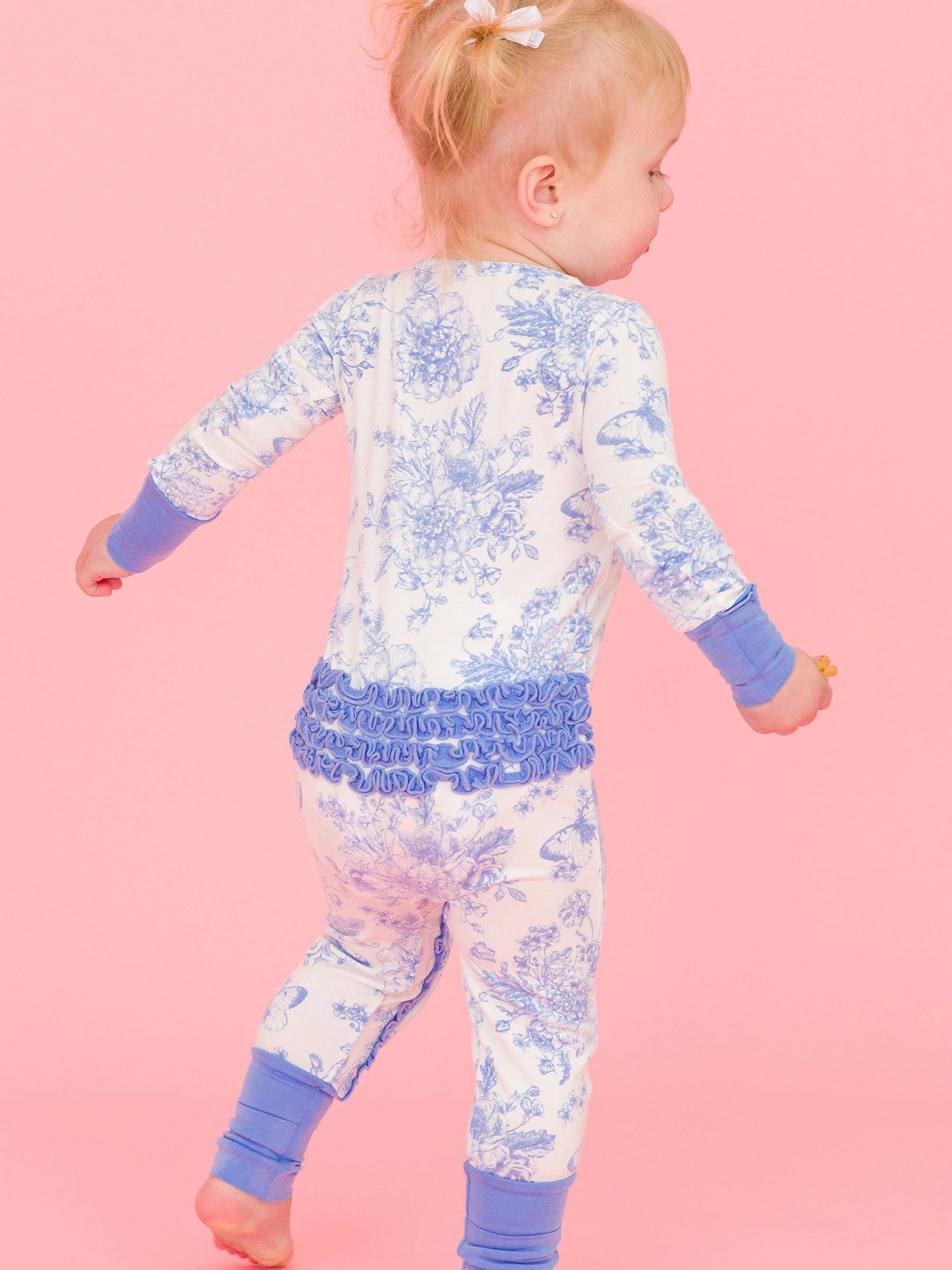 SoftSnooze™ Baby Girls Bamboo Viscose Periwinkle Butterfly Garden Convertible Ruffle One Piece Footie Pajama
