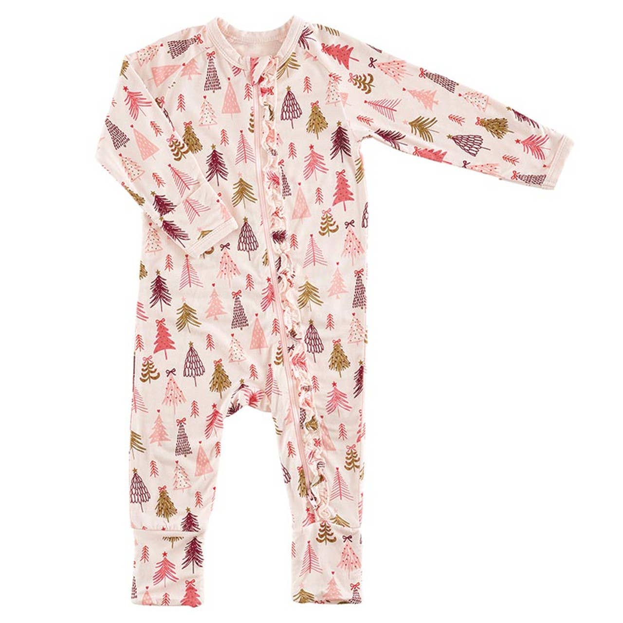 Cozy Romper with Ruffles - Pink Trees