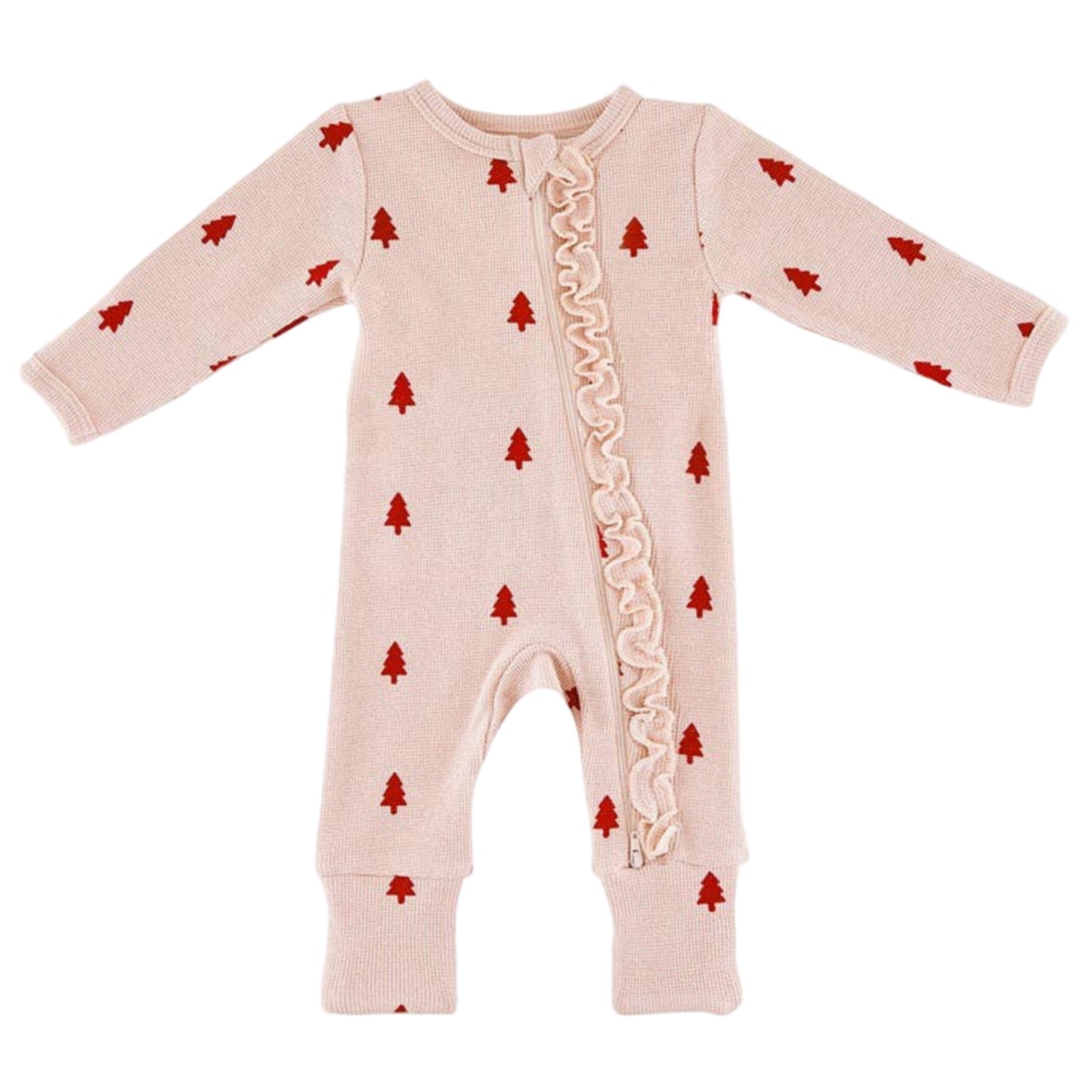 Waffle Knit Cozy Romper with Ruffles - Trees