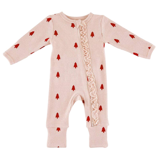 Waffle Knit Cozy Romper with Ruffles - Trees
