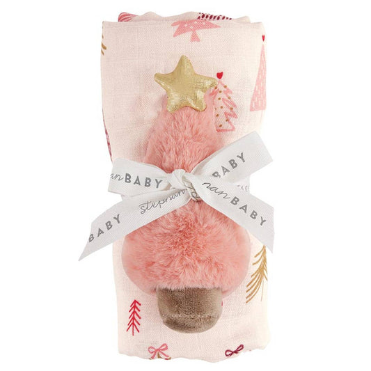 Swaddles with Plush Rattle - Pink Tree