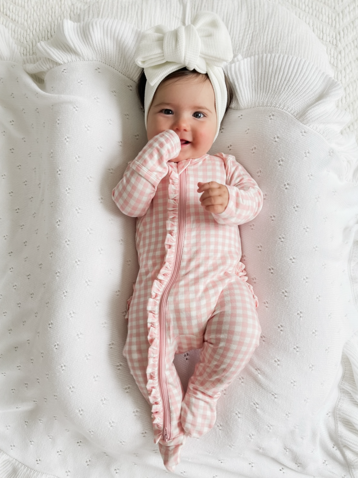 2-Way Zip Ruffle Footie, Pink Gingham