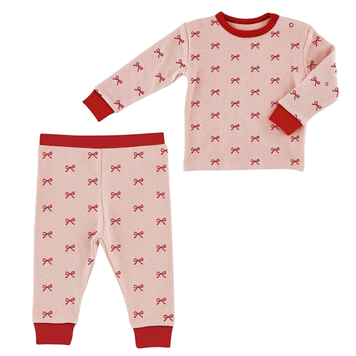 Waffle Knit Two-Piece Pajama Set - Red Bows