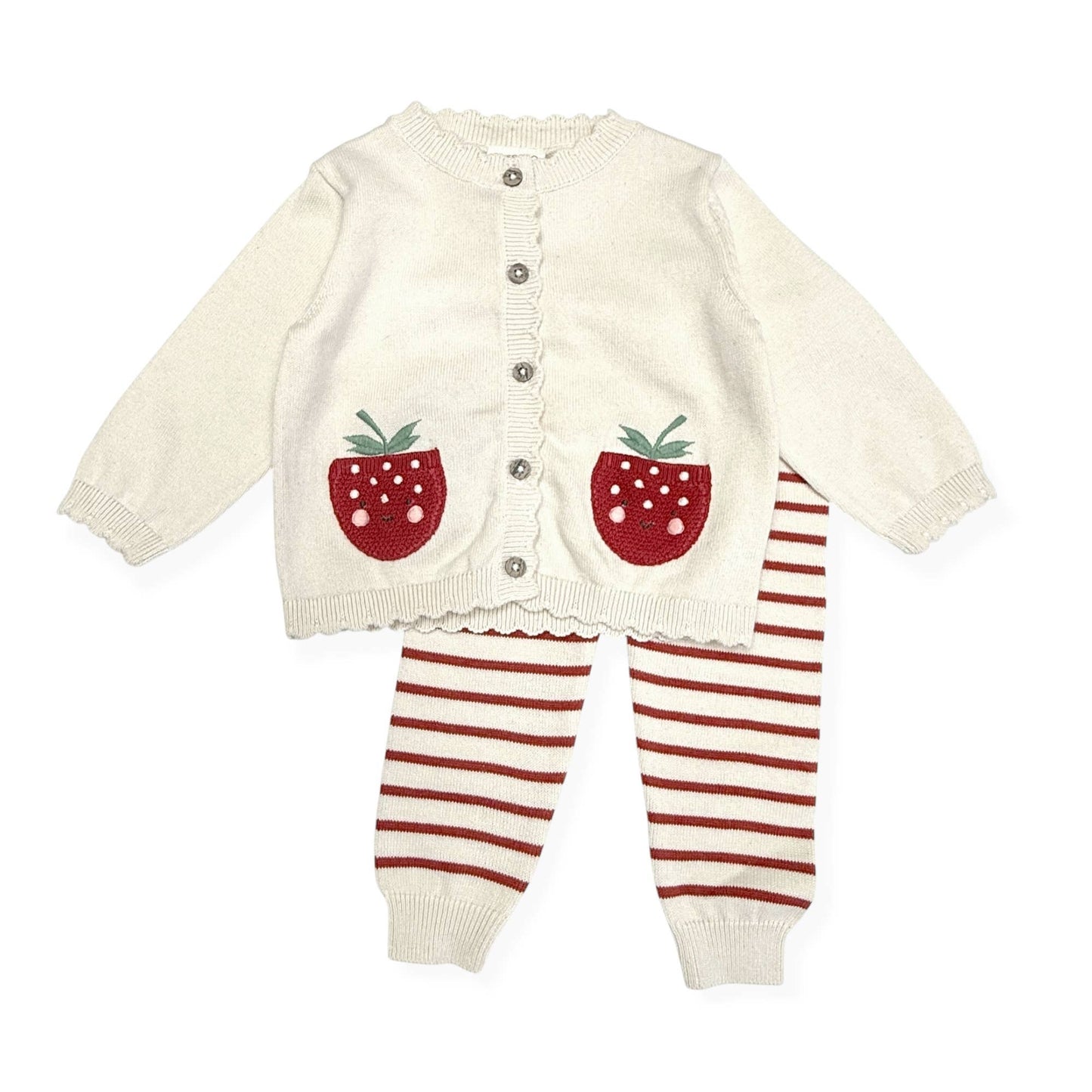 Strawberry Embroidered Pocket Baby Cardigan & Pants -Organic