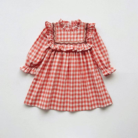 Girls Plaid Pattern Long Sleeves Ruffle Neck Dress