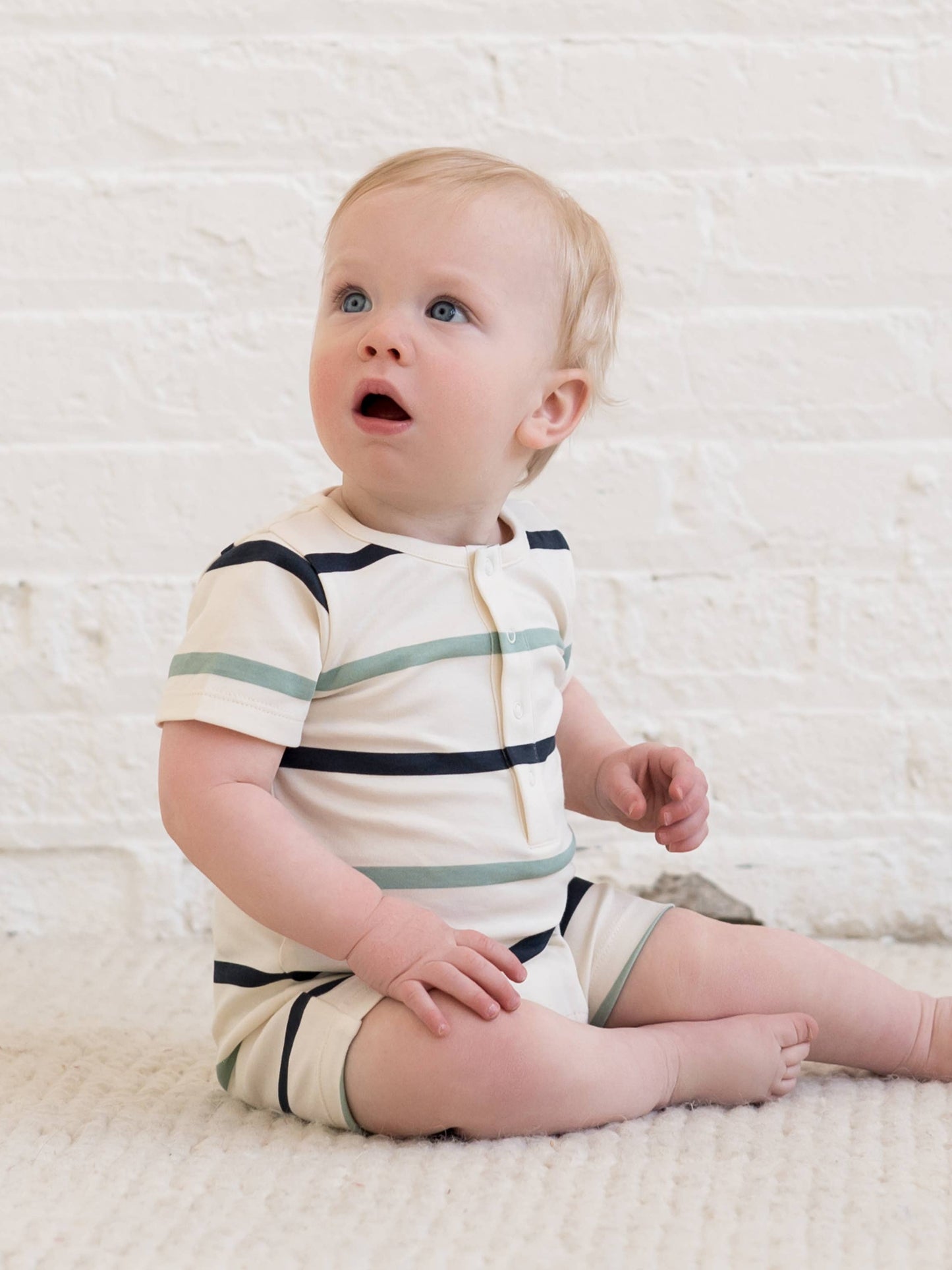 Organic Mason Short Sleeve Romper - Aldo Stripe/Navy + Jade