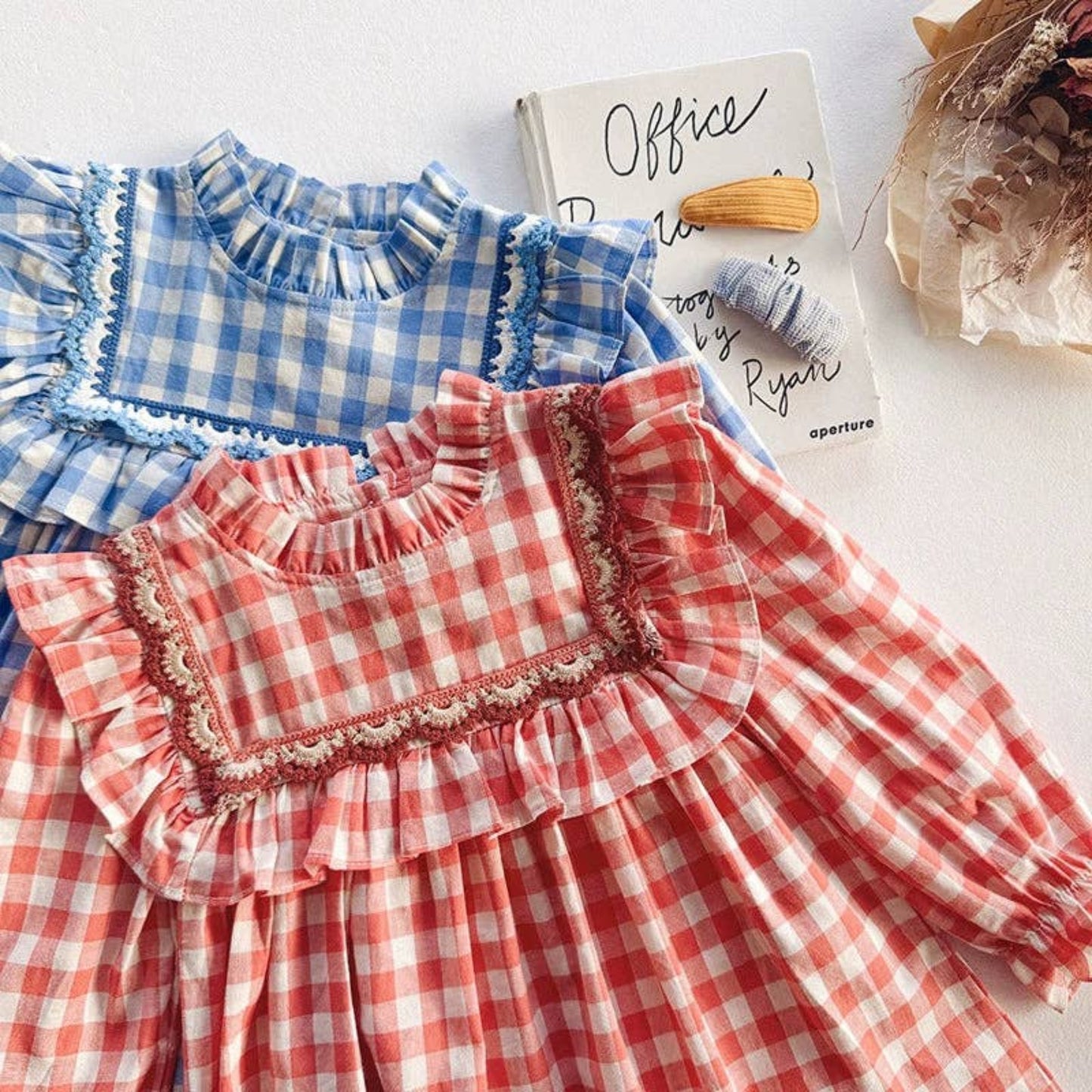 Girls Plaid Pattern Long Sleeves Ruffle Neck Dress