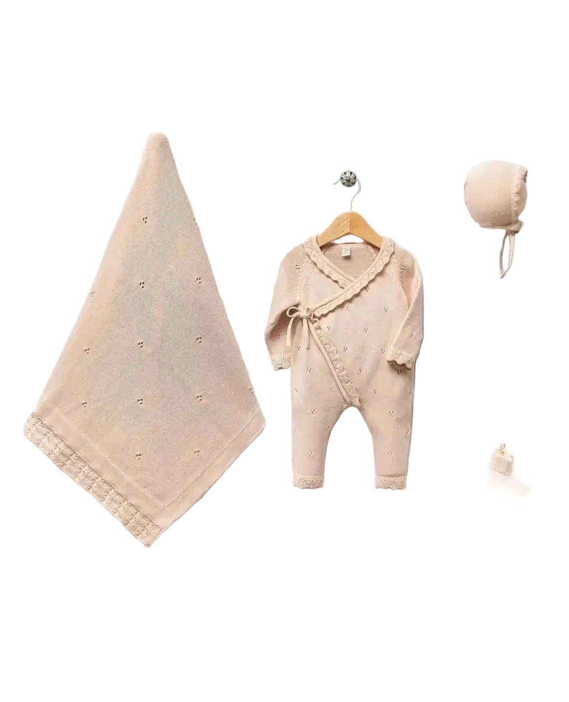 Knitted Newborn Baby Coming Home Outfit Layette Set - Pink