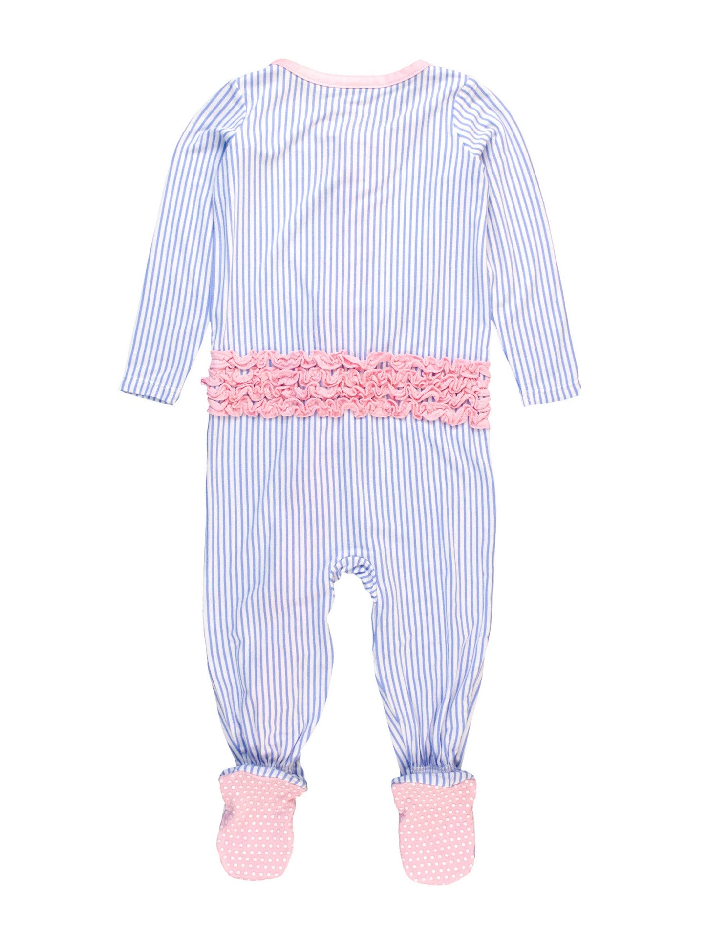 SoftSnooze™ Baby Girls Bamboo Viscose Periwinkle & White Micro Stripe Footed Ruffle One Piece Pajama
