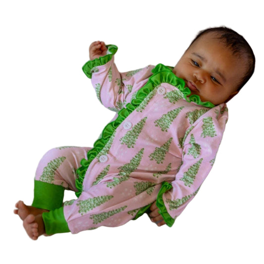 Baby Ruffle Buttflap Pajamas - Pink Christmas Tree Holiday Lounge