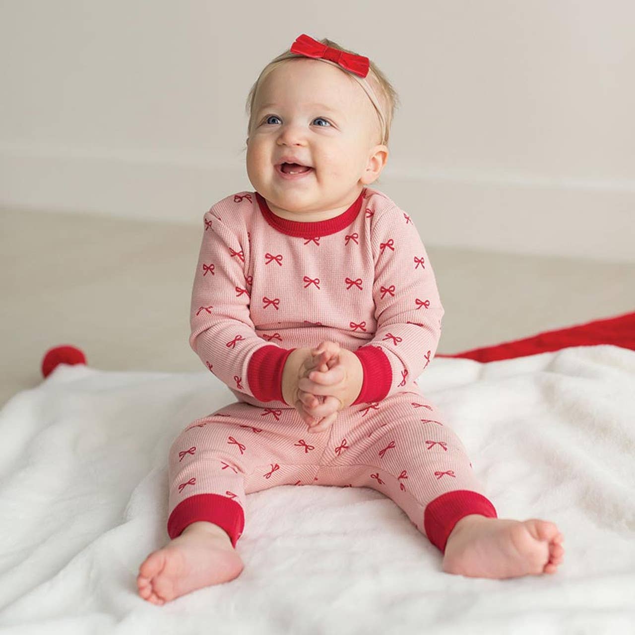 Waffle Knit Two-Piece Pajama Set - Red Bows
