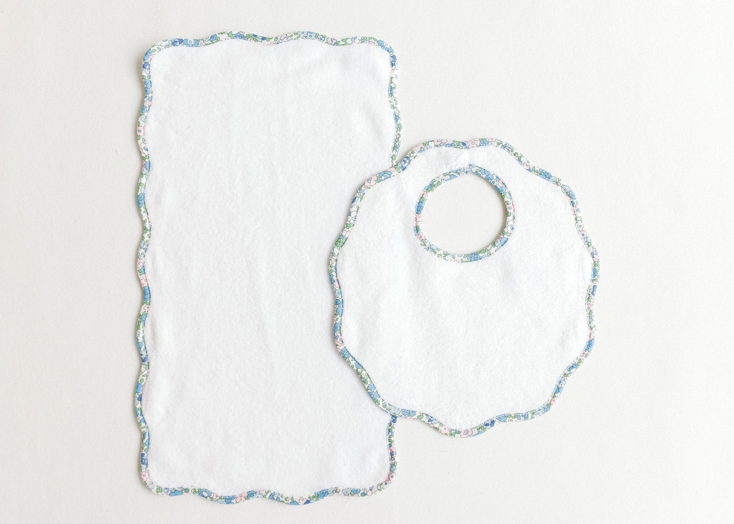 Terry Tots Bib & Burp Set - Blue Floral Scalloped Edge