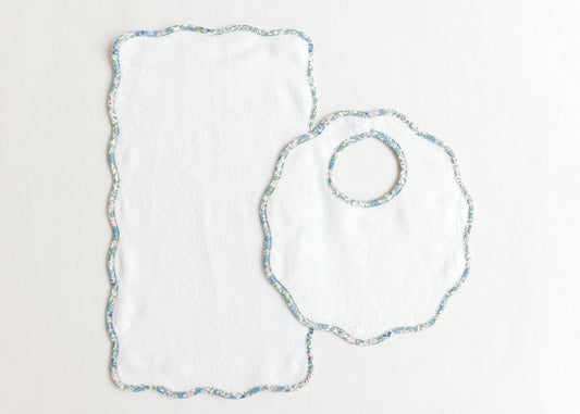 Terry Tots Bib & Burp Set - Blue Floral Scalloped Edge