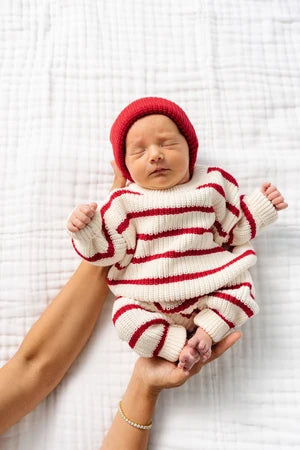 Knit Chunky Sweater and Jogger Set-Red Stripe