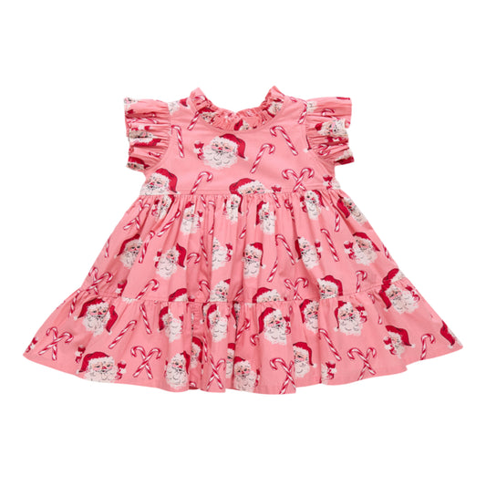 Girls Jennifer Dress - Pink Candy Cane Santa