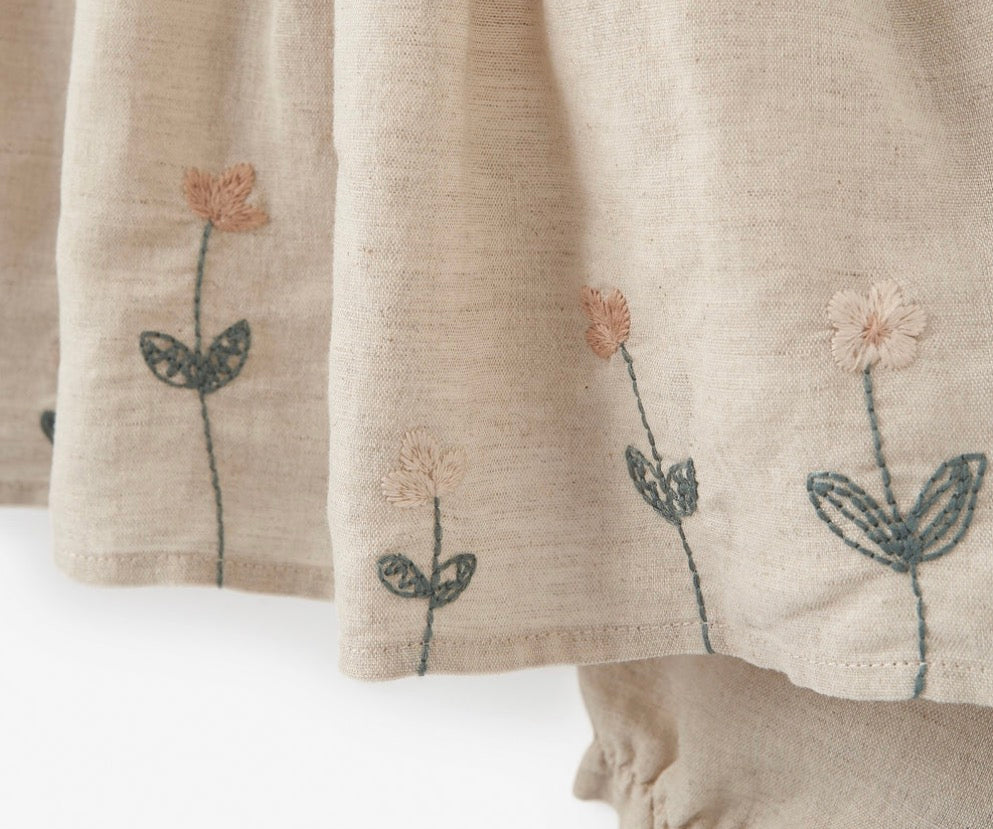 Natural Linen Dress with Floral Embroidered Edge and Bloomers