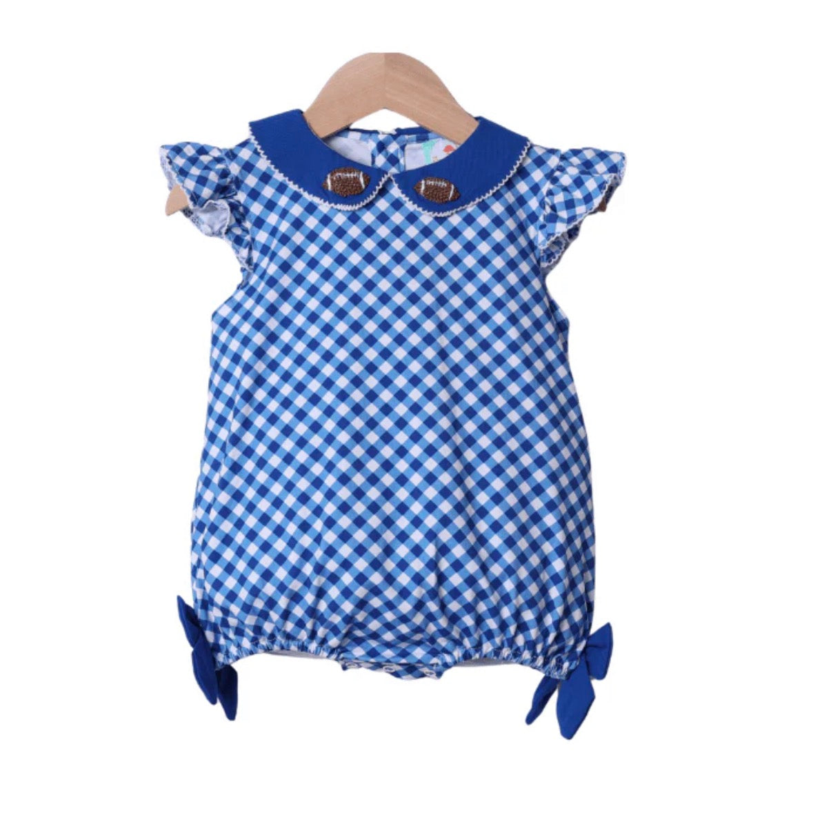 Blue Gingham Bow French Knot Football Bubble