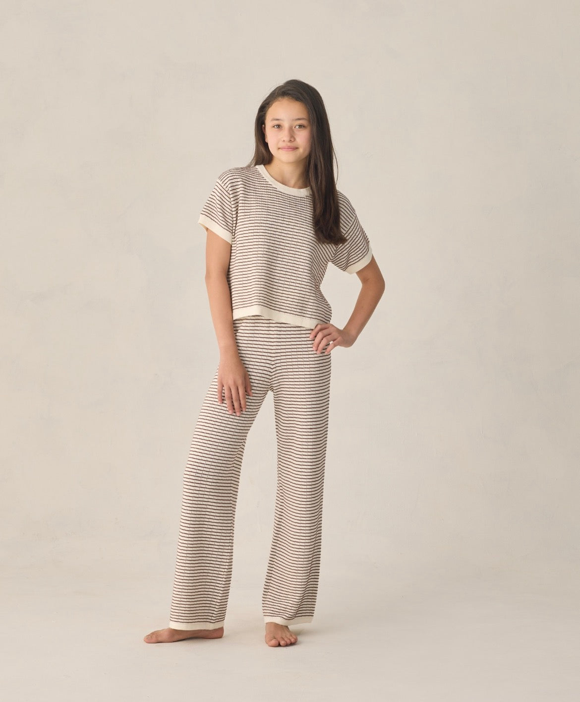 Rylee + Cru Boxy Crop Knit Tee for Girls in Chocolate Stripe