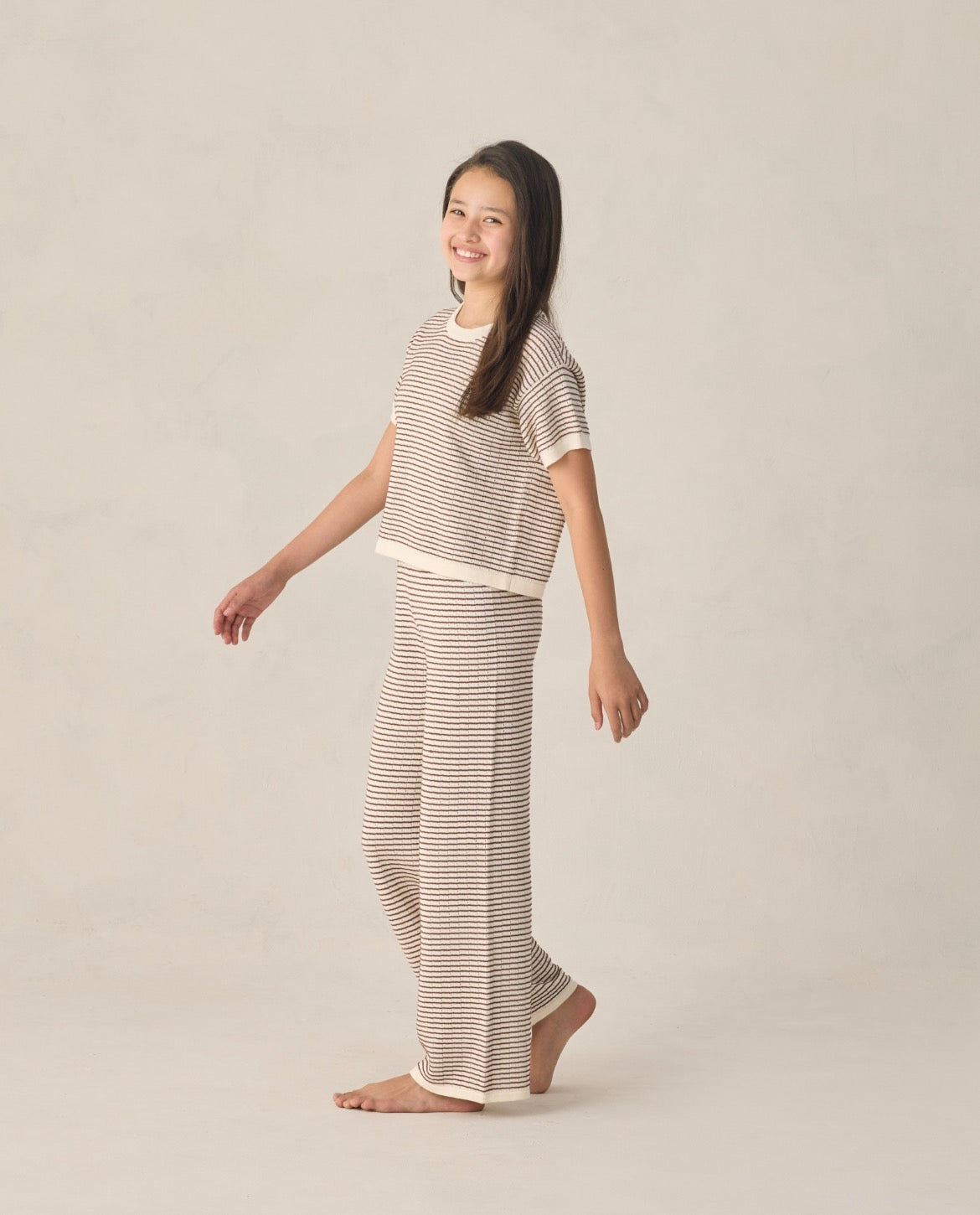 Rylee + Cru Knit Wide Leg Pant for Girls in Chocolate Stripe