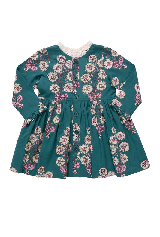 Girls Autumn Dress-Evergreen Buttercup Floral