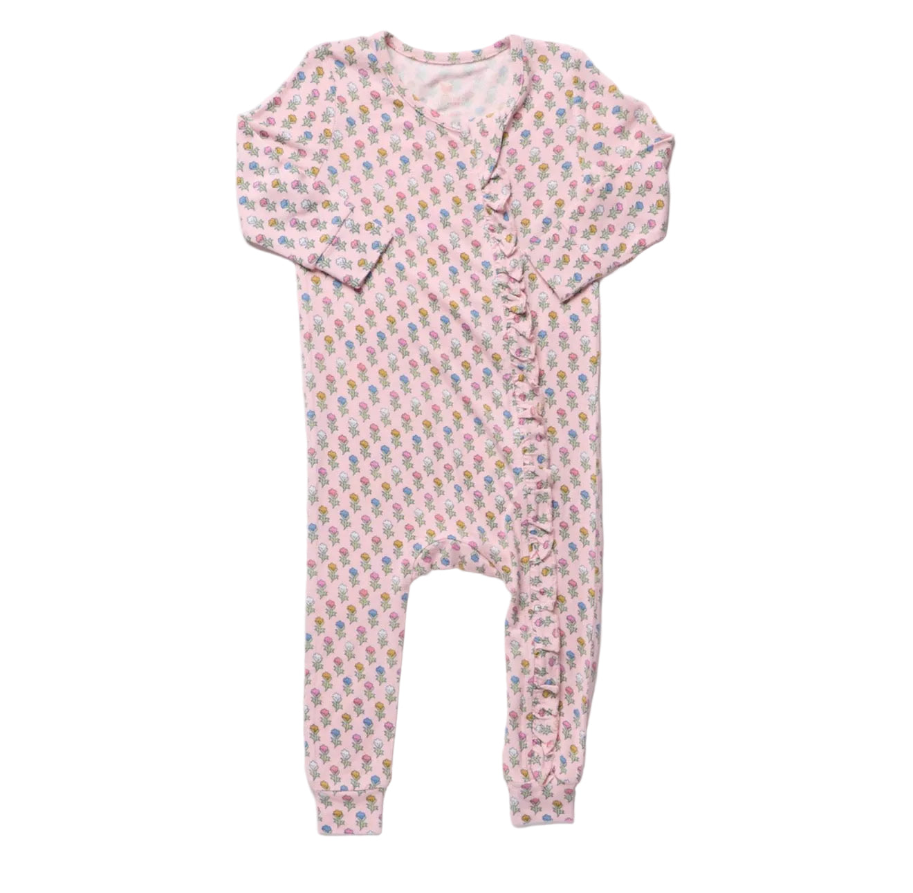 Pink Chicken Baby Girls Ruffle Bamboo Romper - Pink Carnations