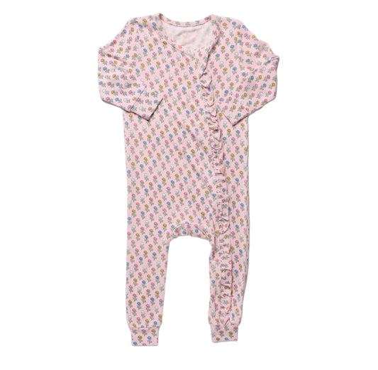 Pink Chicken Baby Girls Ruffle Bamboo Romper - Pink Carnations