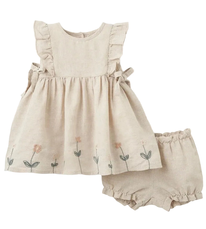 Natural Linen Dress with Floral Embroidered Edge and Bloomers