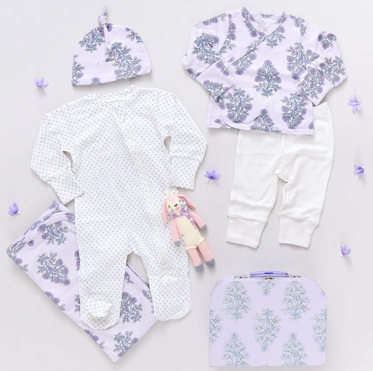 Nesting Box Baby Take Home Set -Lavender Bouquet Floral Blockprint