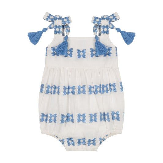 Zoe Baby Romper White Blue Embroidery