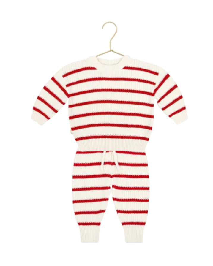Knit Chunky Sweater and Jogger Set-Red Stripe