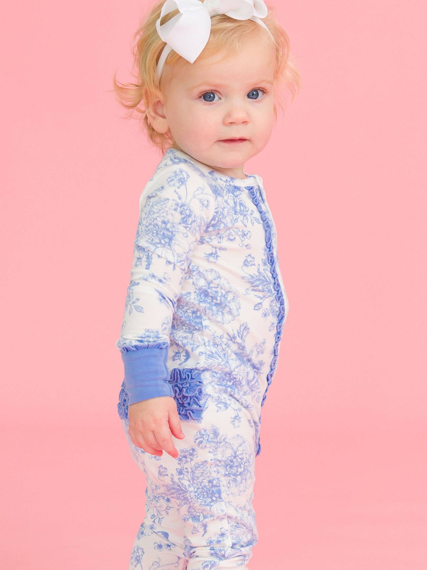 SoftSnooze™ Baby Girls Bamboo Viscose Periwinkle Butterfly Garden Convertible Ruffle One Piece Footie Pajama