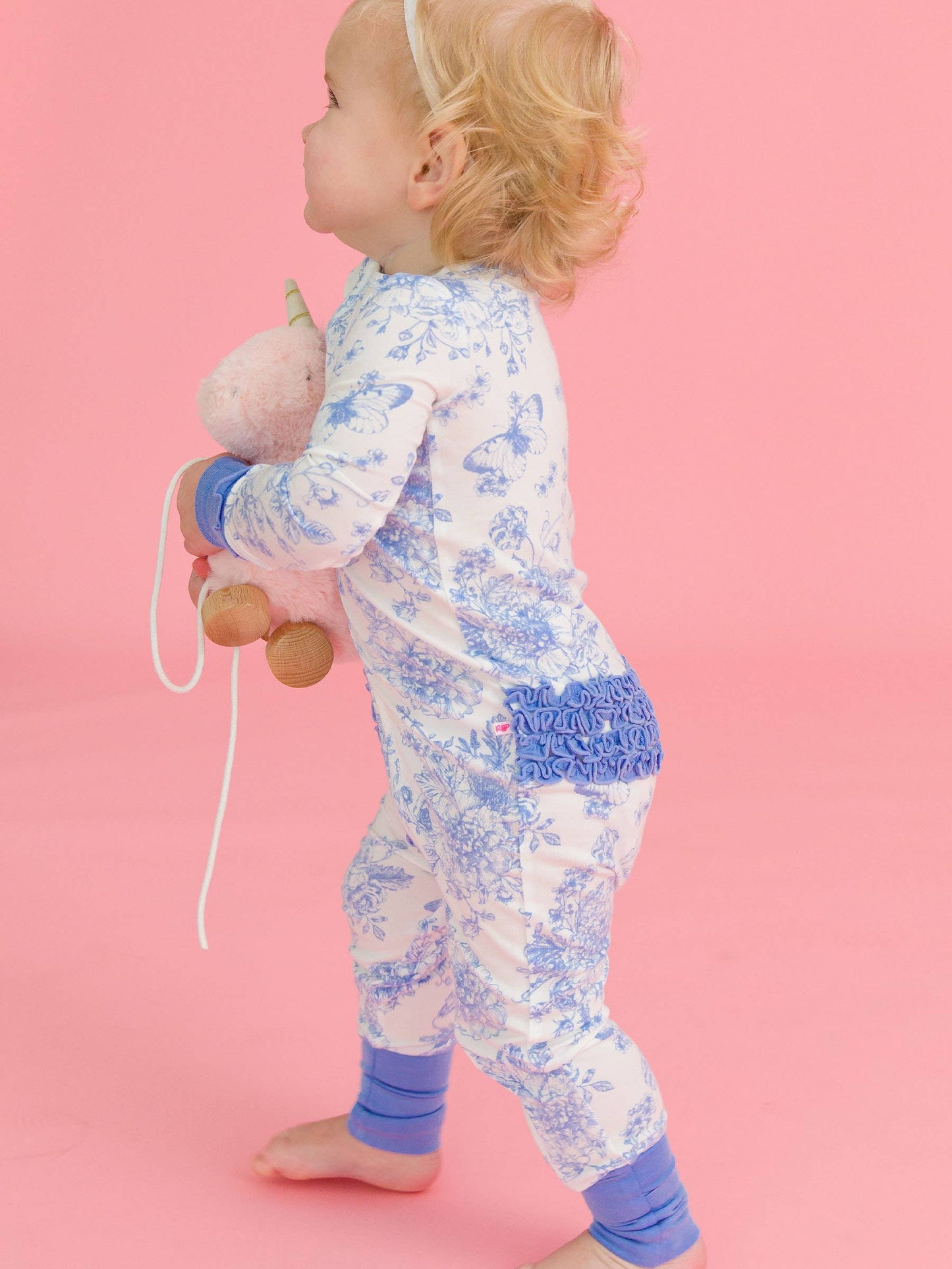 SoftSnooze™ Baby Girls Bamboo Viscose Periwinkle Butterfly Garden Convertible Ruffle One Piece Footie Pajama