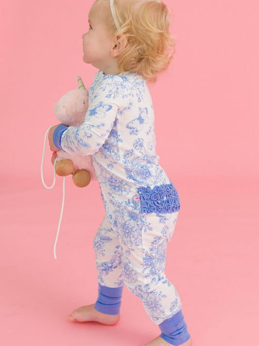SoftSnooze™ Baby Girls Bamboo Viscose Periwinkle Butterfly Garden Convertible Ruffle One Piece Footie Pajama