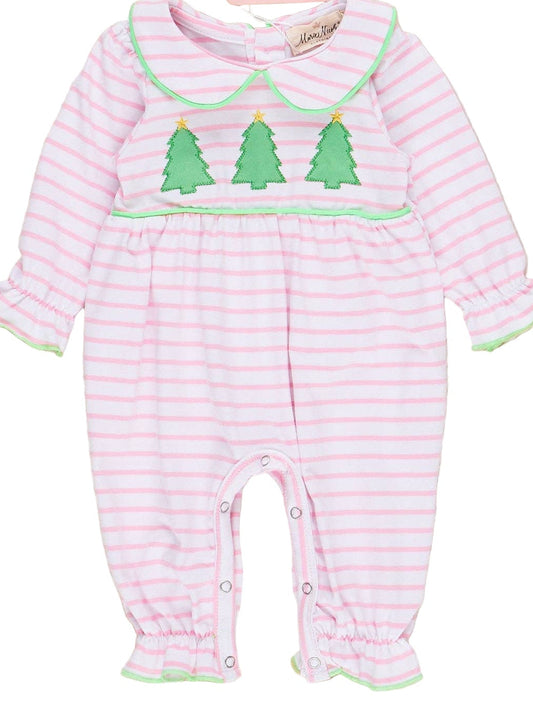 Lime & Pink Embroidered Christmas Trees Romper