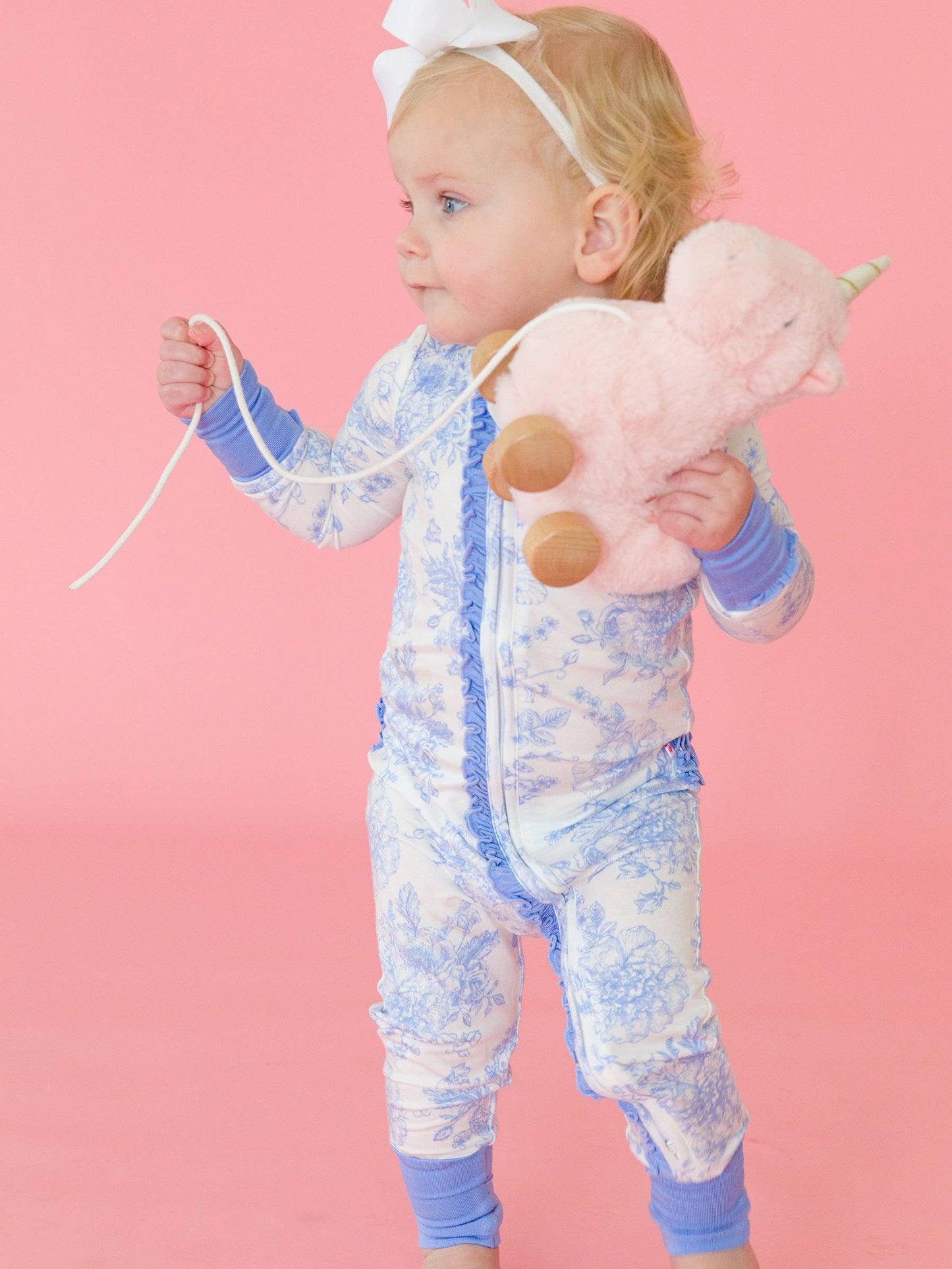 SoftSnooze™ Baby Girls Bamboo Viscose Periwinkle Butterfly Garden Convertible Ruffle One Piece Footie Pajama