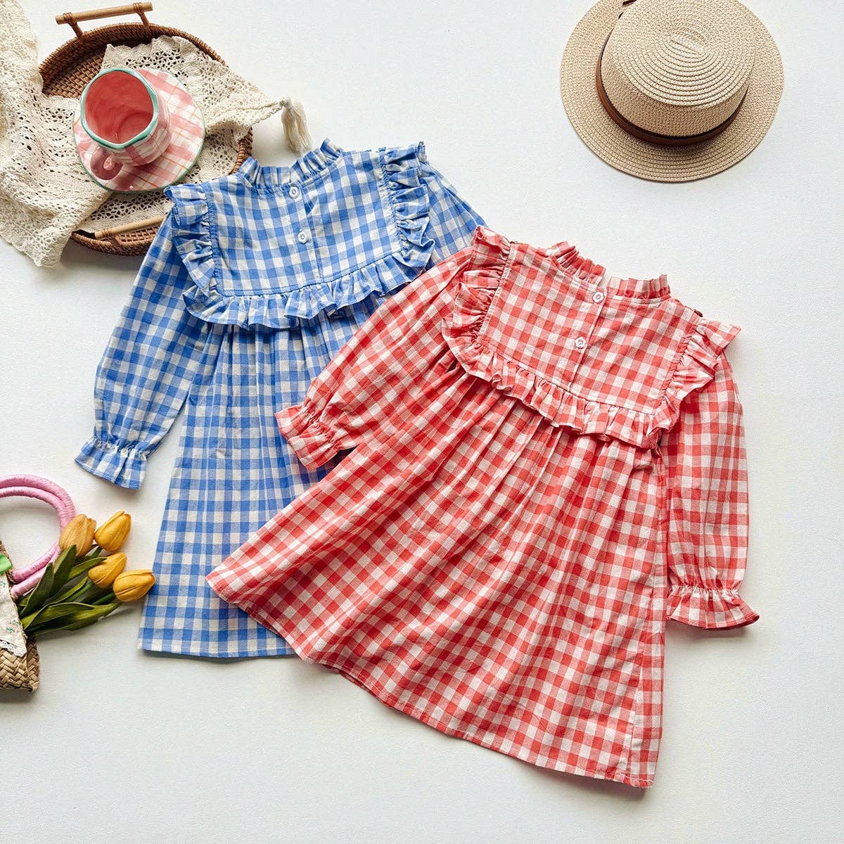 Girls Plaid Pattern Long Sleeves Ruffle Neck Dress