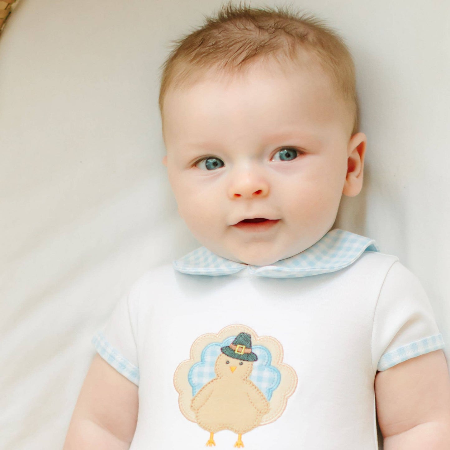 Pilgrim Pals Applique Collared Short Sleeve Bubble - Light Blue