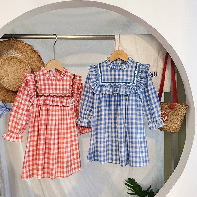 Girls Plaid Pattern Long Sleeves Ruffle Neck Dress