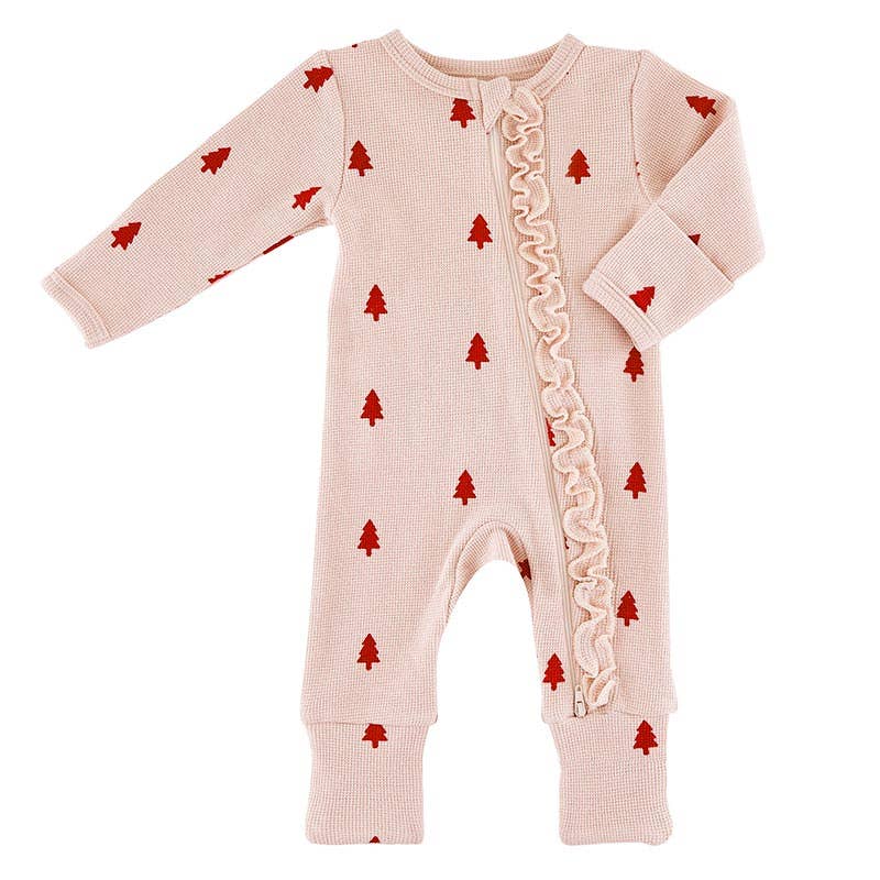 Waffle Knit Cozy Romper with Ruffles - Trees