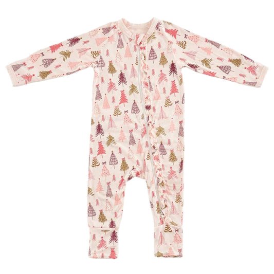 Cozy Romper with Ruffles - Pink Trees