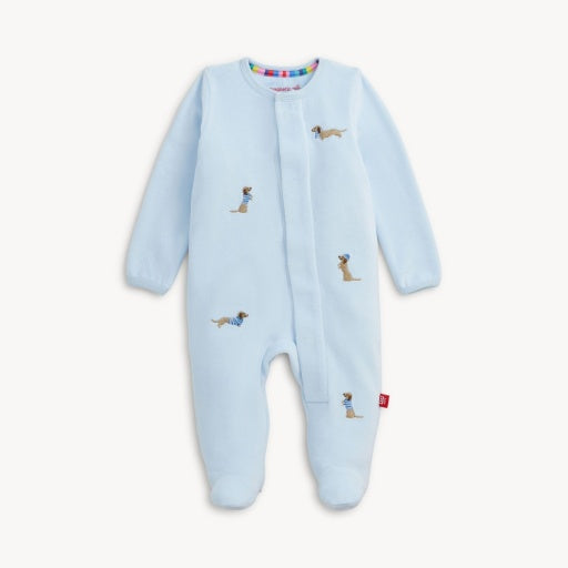 EMBROIDERY DOGS BLUE VELOUR FOOTIE
