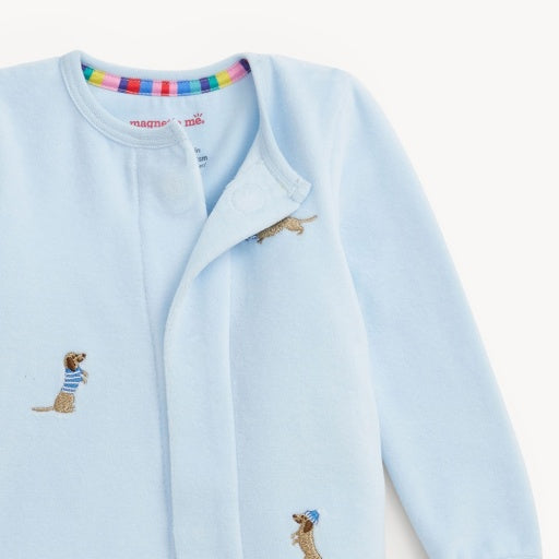 EMBROIDERY DOGS BLUE VELOUR FOOTIE